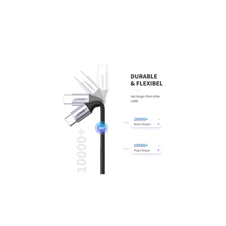 Дата кабель USB-C to USB-C 2.0m US261 18W Round Cable Nickel Plating Aluminum Shell Black Ugreen (50152) - фото 5