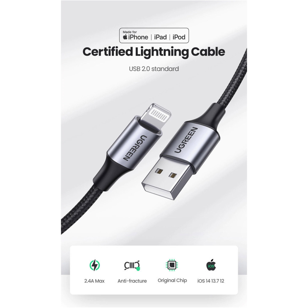 Дата кабель USB 2.0 AM to Lightning 2.0m US199 2.4A Black Ugreen (60158) - фото 3 Дата кабель USB 2.0 AM to Lightning 2.0m US199 2.4A Black Ugreen (60158) - фото 3