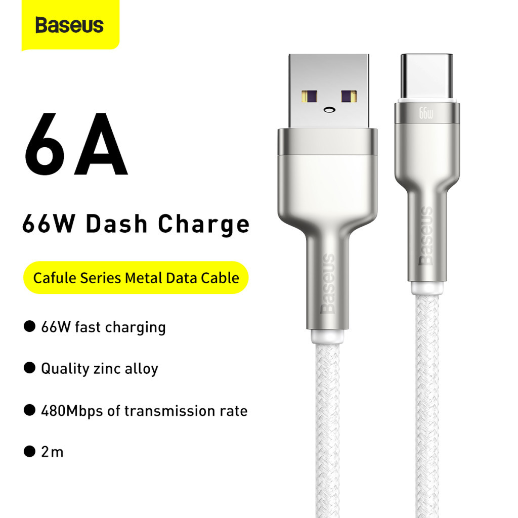 Дата кабель USB 3.1 AM to USB-C 2.0m 6.0A 66W Cafule Series Metal White Baseus (CAKF000202) - фото 3 Дата кабель USB 3.1 AM to USB-C 2.0m 6.0A 66W Cafule Series Metal White Baseus (CAKF000202) - фото 3