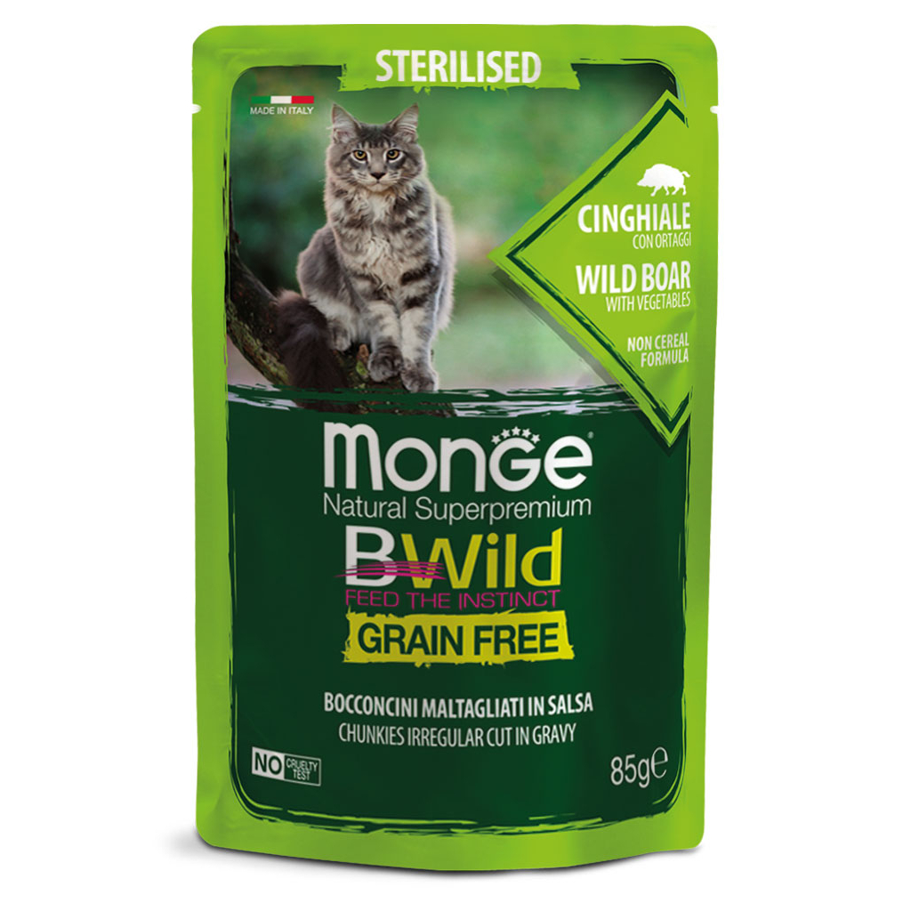 Вологий корм для кішок Monge Cat Bwild GR.FREE Wet Sterilised м'ясо дикого кабана з овочами 85 г (8009470012805) - фото 1 Вологий корм для кішок Monge Cat Bwild GR.FREE Wet Sterilised м'ясо дикого кабана з овочами 85 г (8009470012805) - фото 1