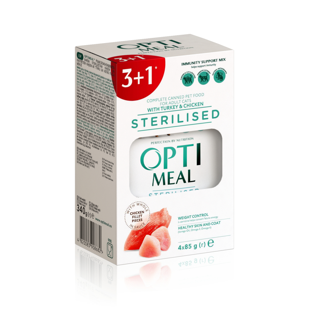 Вологий корм для кішок Optimeal для стерилізованих з індичкою та курячим філе в соусі 4x85 г (4820083908682) Вологий корм для кішок Optimeal для стерилізованих з індичкою та курячим філе в соусі 4x85 г (4820083908682)