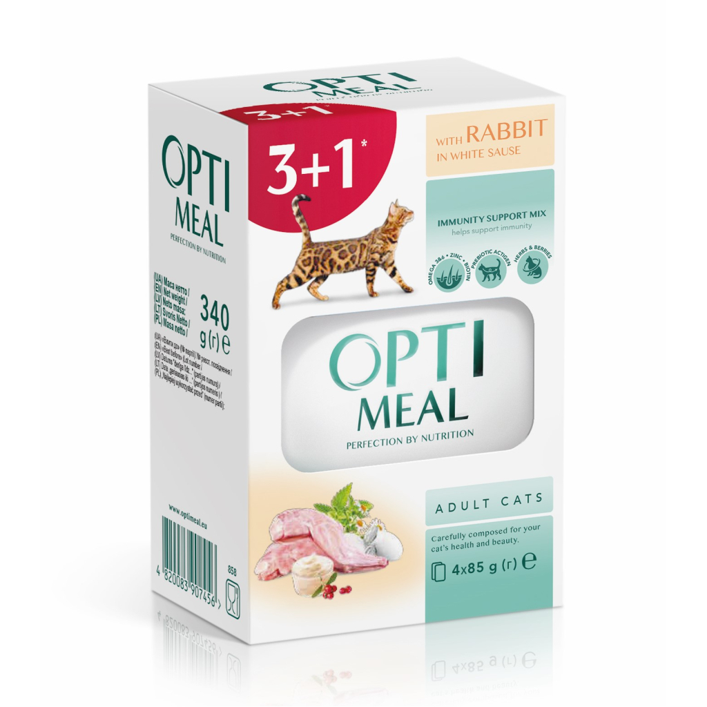 Вологий корм для кішок Optimeal з кроликом в білому соусі 4x85 г (4820083907456) - фото 1 Вологий корм для кішок Optimeal з кроликом в білому соусі 4x85 г (4820083907456) - фото 1