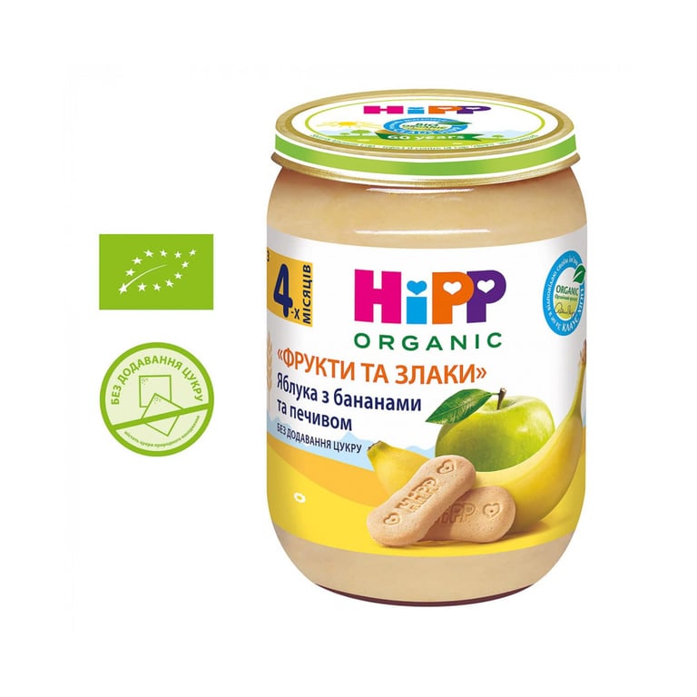 Дитяче пюре HiPP Яблука з бананами та печивом Фрукти і злаки, 190 г (9062300132479) - фото 1