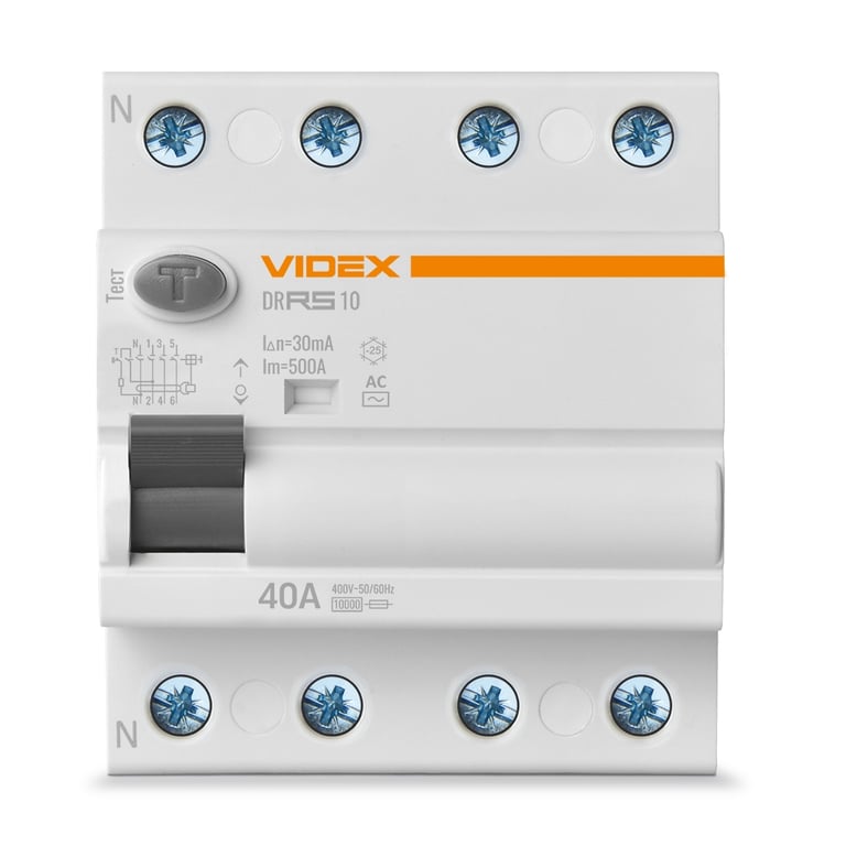Диференційне реле (ПЗВ) Videx RESIST АС 4п 30мА 10кА 40А (VF-RS10-DR4AC40) - фото 2