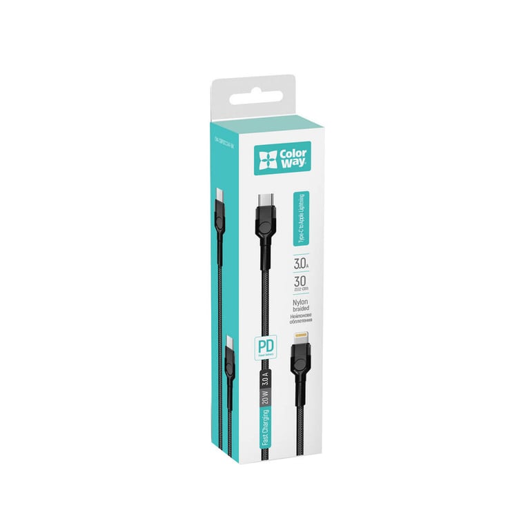 Дата кабель USB-C to Lightning 0.3m 3А black ColorWay (CW-CBPDCL054-BK) - фото 7