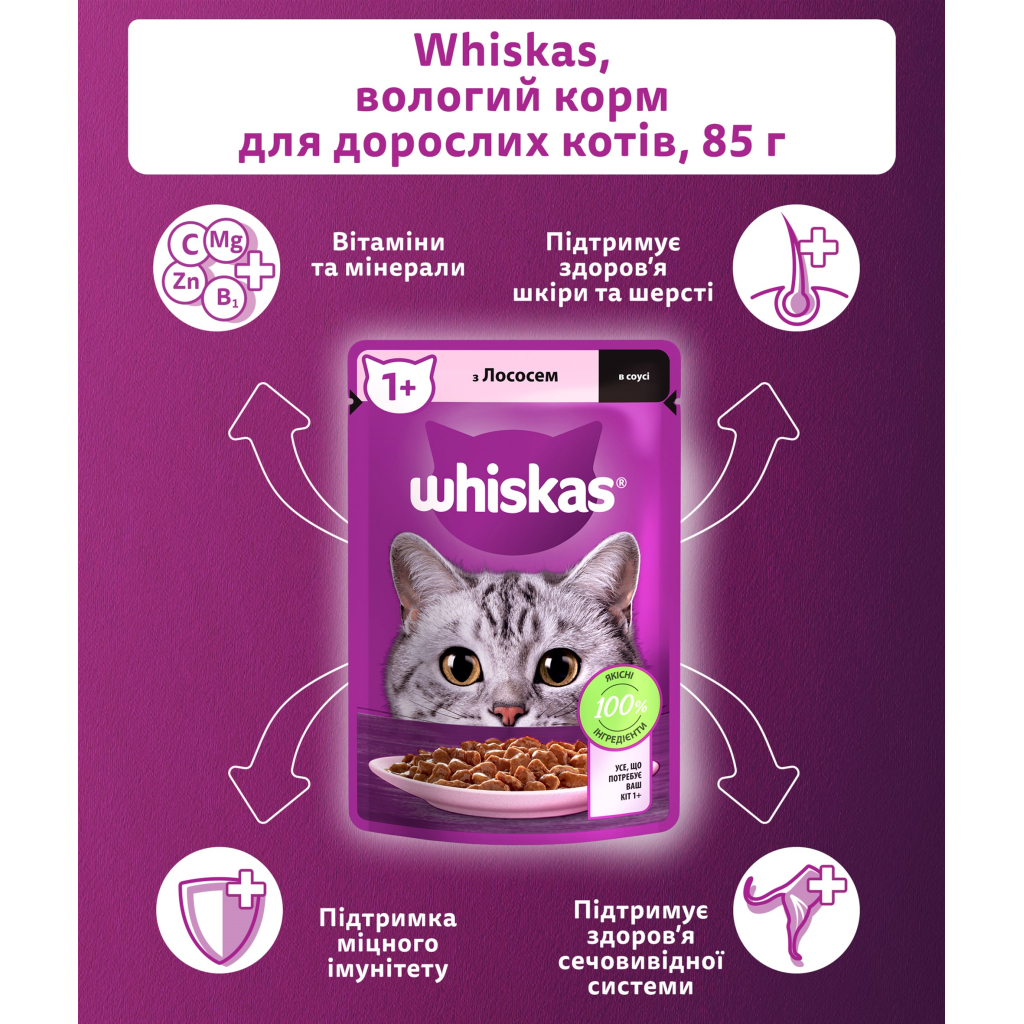 Вологий корм для кішок Whiskas Лосось у соусі 85 г (5900951302053) - фото 4 Вологий корм для кішок Whiskas Лосось у соусі 85 г (5900951302053) - фото 4
