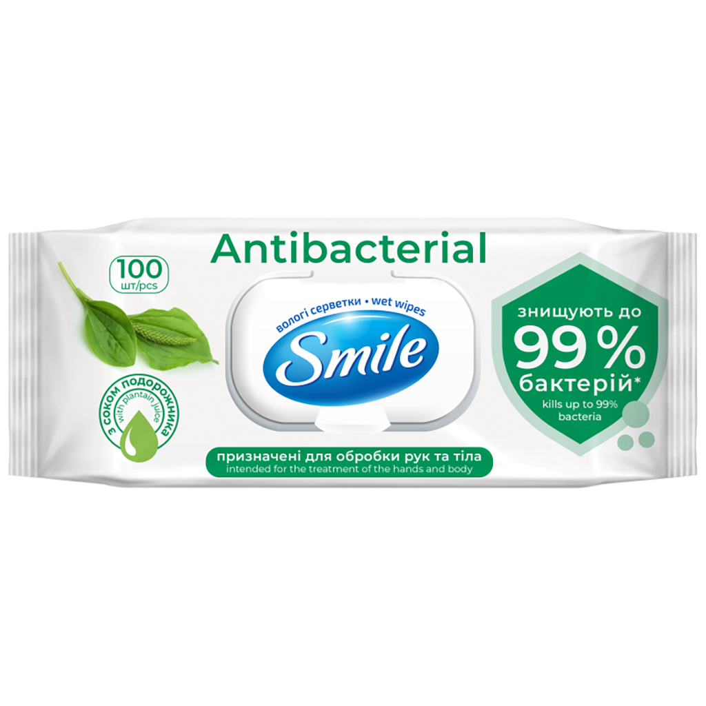 Вологі серветки Smile Antibacterial з соком подорожника 100 шт. (4823071636741/4823071656466) Вологі серветки Smile Antibacterial з соком подорожника 100 шт. (4823071636741/4823071656466)