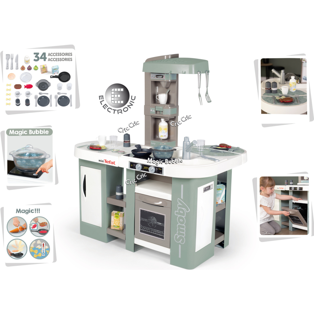 Ігровий набір Smoby Велика інтерактивна кухня Тефаль Студіо з ефектом кипіння 34 аксесуари М'ятно-сіра з білим (311053) - фото 2 Ігровий набір Smoby Велика інтерактивна кухня Тефаль Студіо з ефектом кипіння 34 аксесуари М'ятно-сіра з білим (311053) - фото 2