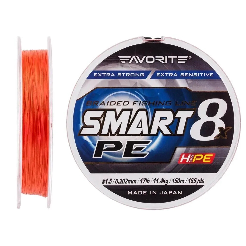 Шнур Favorite Smart PE 8x 150м 1.5/0.202mm 17lb/11.4kg Red Orange (1693.10.84) - фото 2 Шнур Favorite Smart PE 8x 150м 1.5/0.202mm 17lb/11.4kg Red Orange (1693.10.84) - фото 2