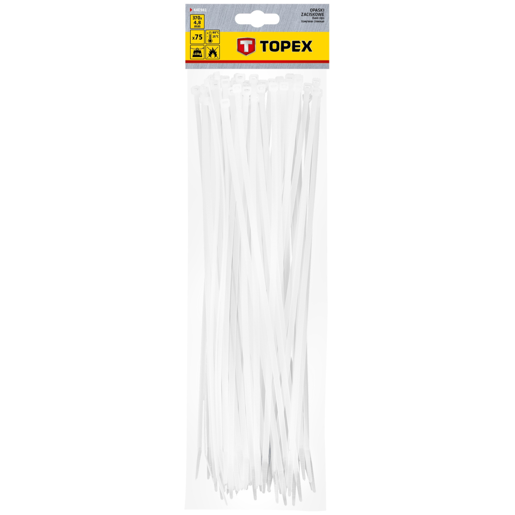 Стяжка Topex біла, 4.8х370 мм, пластик, 75 шт. (44E981) Стяжка Topex біла, 4.8х370 мм, пластик, 75 шт. (44E981)
