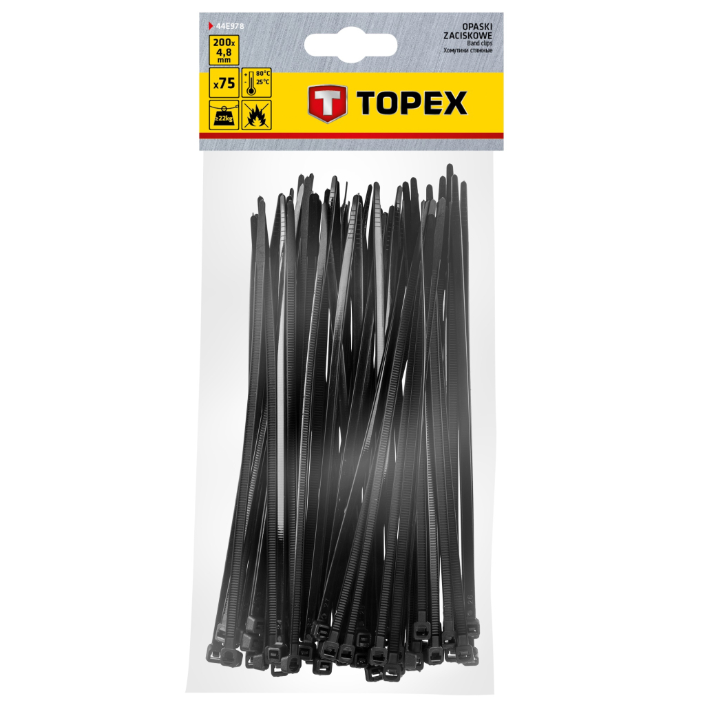 Стяжка Topex чорна, 4.8x200 мм, пластик, 75 шт. (44E978) - головне фото