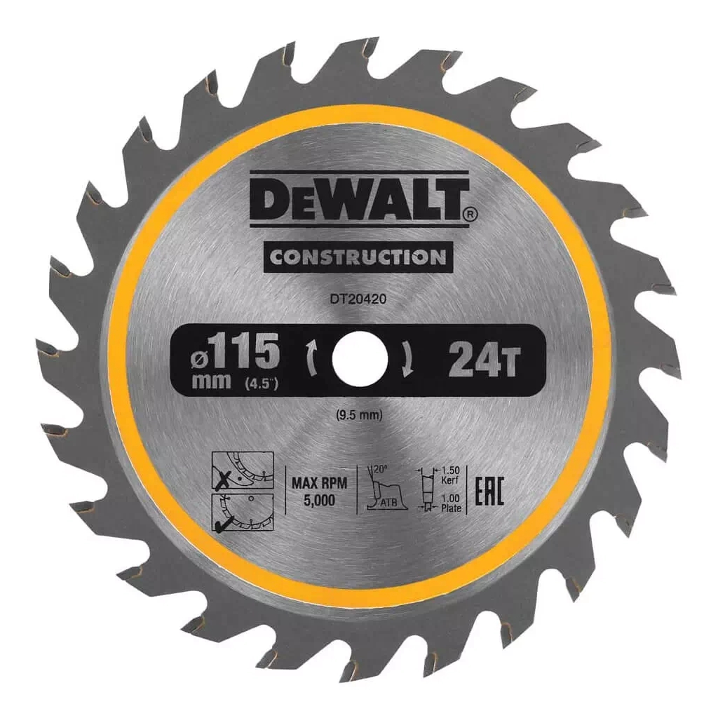 Диск пильний DeWALT універсальний, 115 х 9.5 мм, 24z, TCT, 5000 об/хв (DT20420) Диск пильний DeWALT універсальний, 115 х 9.5 мм, 24z, TCT, 5000 об/хв (DT20420)