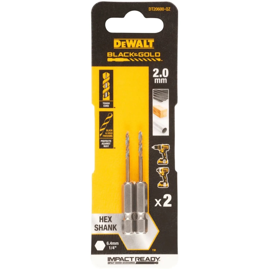 Свердло DeWALT по металу EXTREME IMPACT Black&Gold, HSS-G, 2 х 55 х 11,6 мм, 2 шт. (DT20600) - фото 1 Свердло DeWALT по металу EXTREME IMPACT Black&Gold, HSS-G, 2 х 55 х 11,6 мм, 2 шт. (DT20600) - фото 1