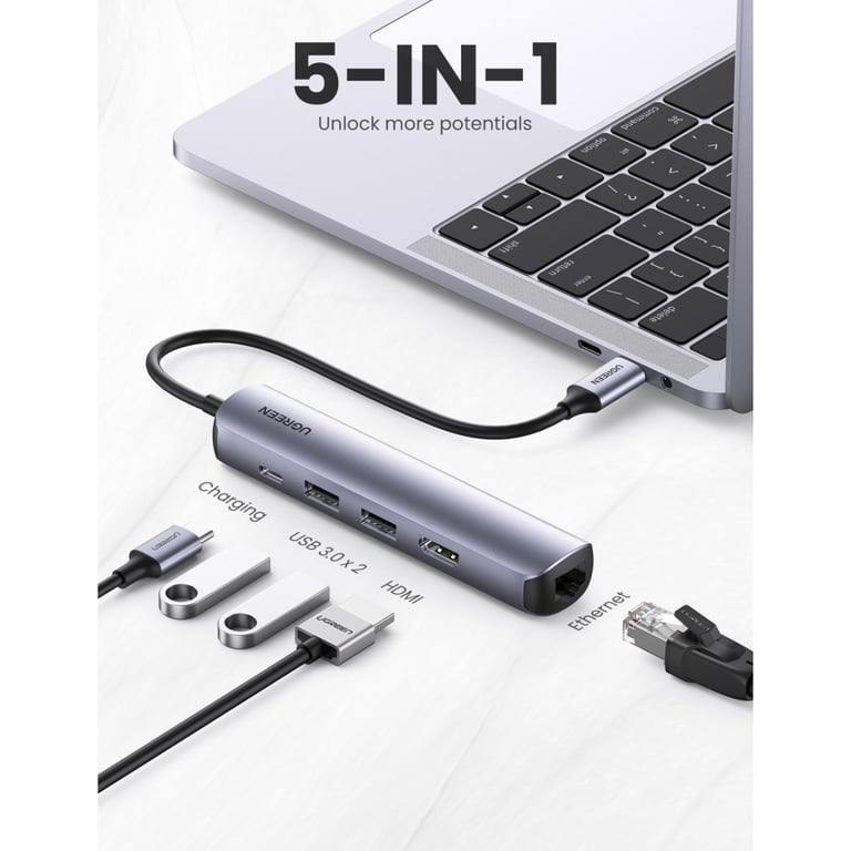 Концентратор Ugreen USB3.0 Type-C to HDMI 4K30Hz/USB 3.0x2/RJ45/PD CM418 (10919) - фото 2
