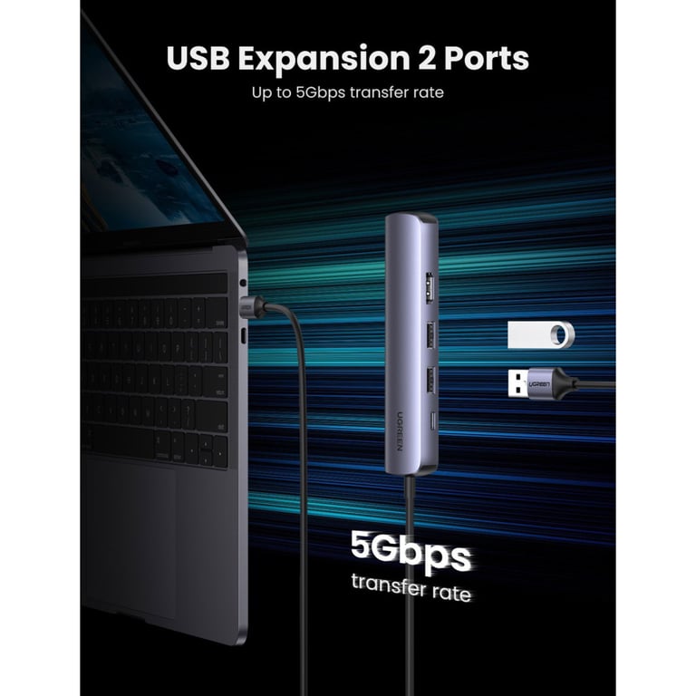 Концентратор Ugreen USB3.0 Type-C to HDMI 4K30Hz/USB 3.0x2/RJ45/PD CM418 (10919) - фото 6