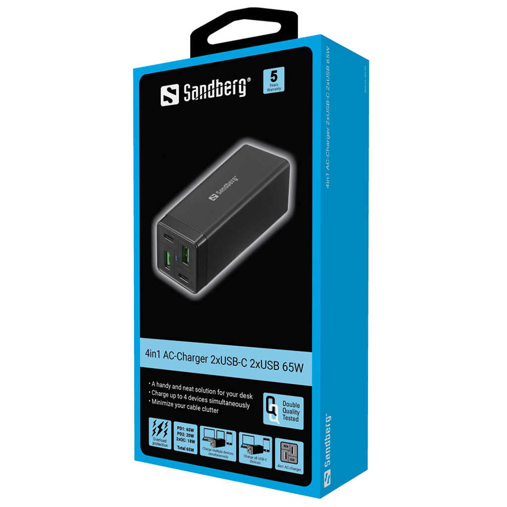Зарядний пристрій Sandberg 4in1 2xUSB-C 2xUSB PD 65W QC 3.0 20W (441-45) - фото 5 Зарядний пристрій Sandberg 4in1 2xUSB-C 2xUSB PD 65W QC 3.0 20W (441-45) - фото 5