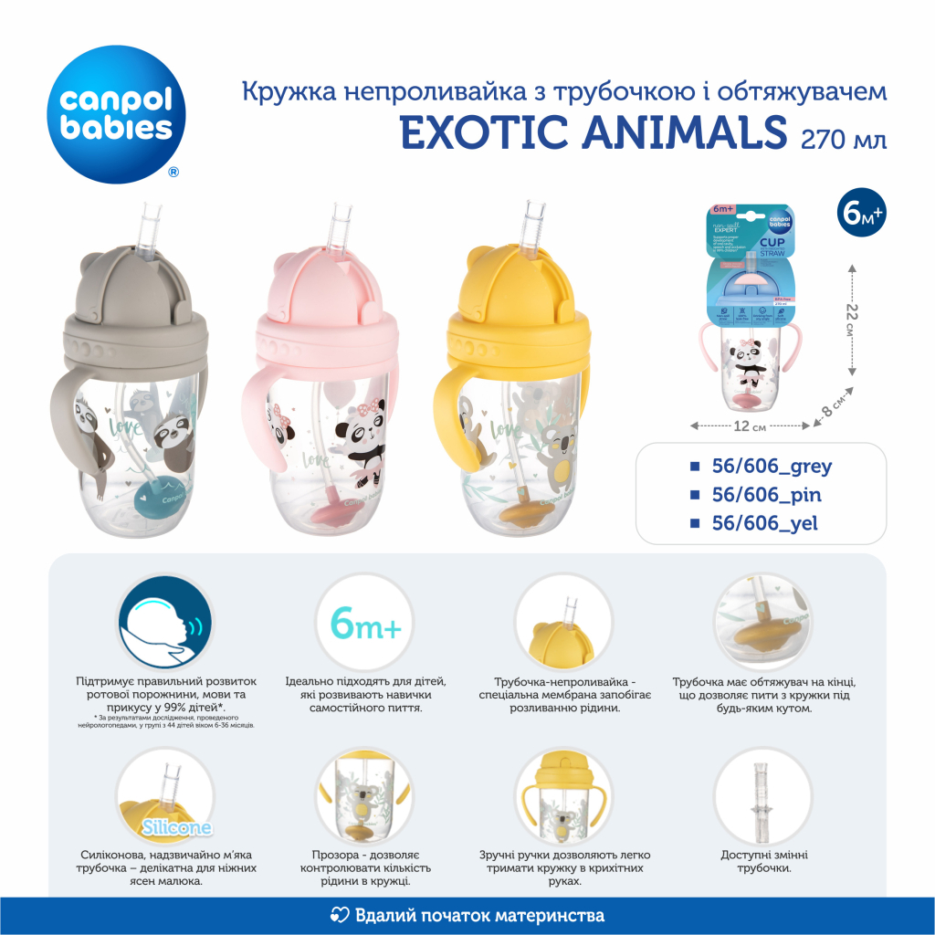 Поїльник-непроливайка Canpol babies Exotic Animals з трубочкою і обтяжувачем 270 мл Рожева (56/606_pin) - фото 5 Поїльник-непроливайка Canpol babies Exotic Animals з трубочкою і обтяжувачем 270 мл Рожева (56/606_pin) - фото 5
