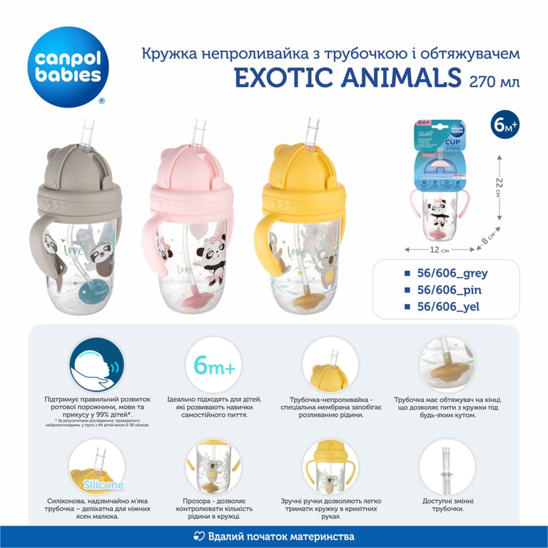 Поїльник-непроливайка Canpol babies Exotic Animals з трубочкою і обтяжувачем 270 мл Рожева (56/606_pin) - фото 5
