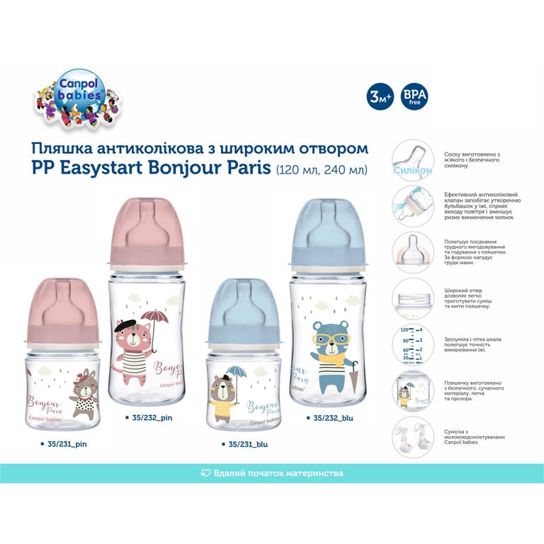 Пляшечка для годування Canpol babies Bonjour Paris з широким отвором 240 мл Синя (35/232_blu) - фото 4