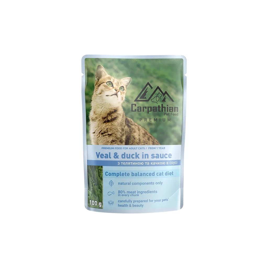Вологий корм для кішок Carpathian Pet Food з телятиною і качкою в соусі 100 г (4820111141364) - фото 1 Вологий корм для кішок Carpathian Pet Food з телятиною і качкою в соусі 100 г (4820111141364) - фото 1