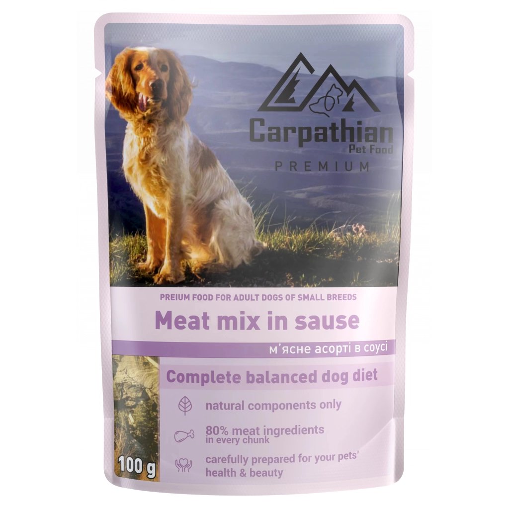 Вологий корм для собак Carpathian Pet Food м'ясне асорті в соусі 100 г (4820111141142) - фото 1