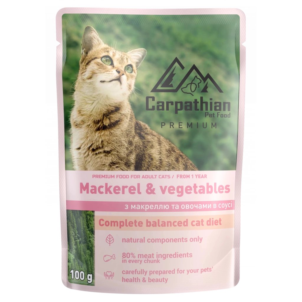 Вологий корм для кішок Carpathian Pet Food з макреллю і овочами в соусі 100 г (4820111141197) - фото 1