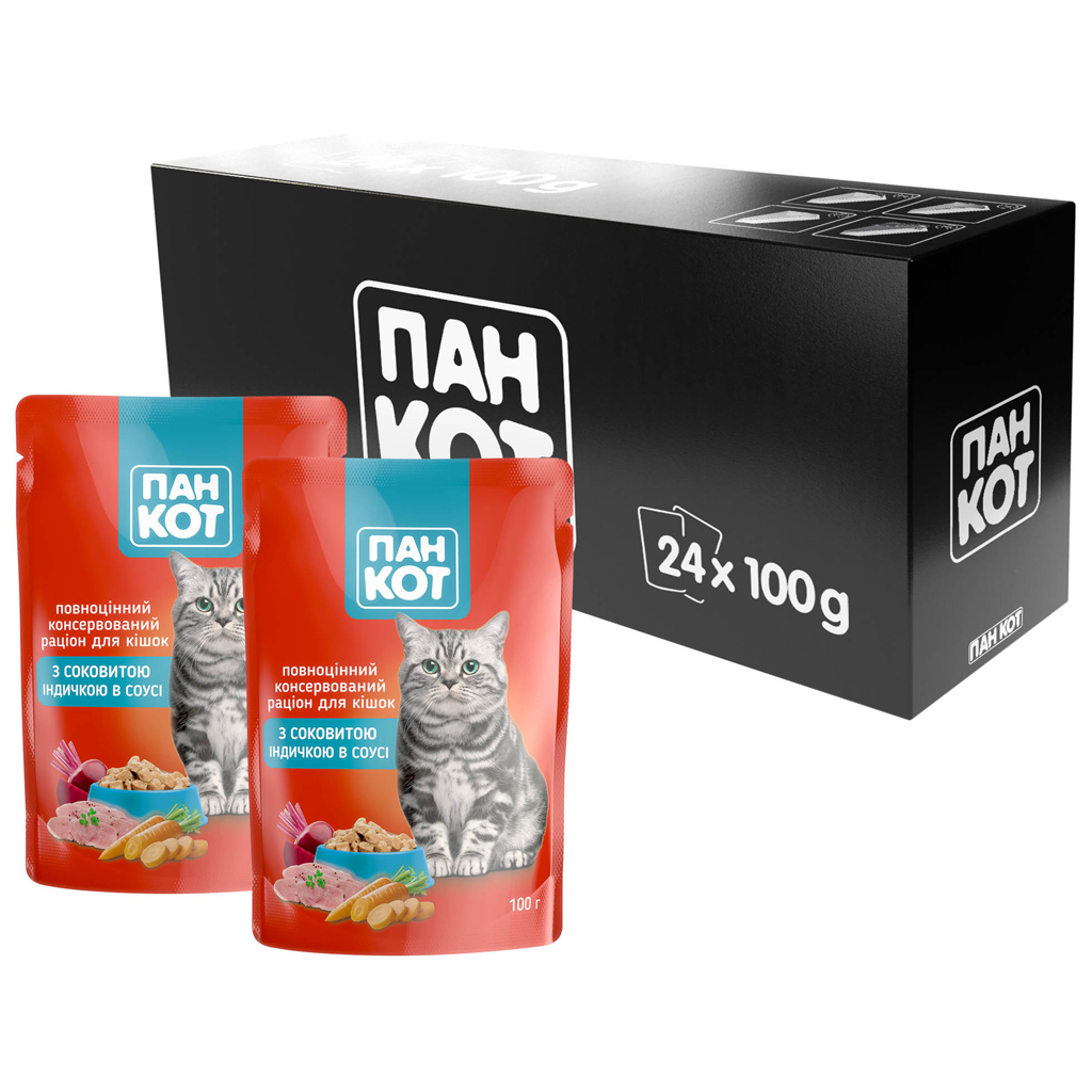 Вологий корм для кішок Пан Кот індичка в соусі 100 г (4820111141005) - фото 3 Вологий корм для кішок Пан Кот індичка в соусі 100 г (4820111141005) - фото 3