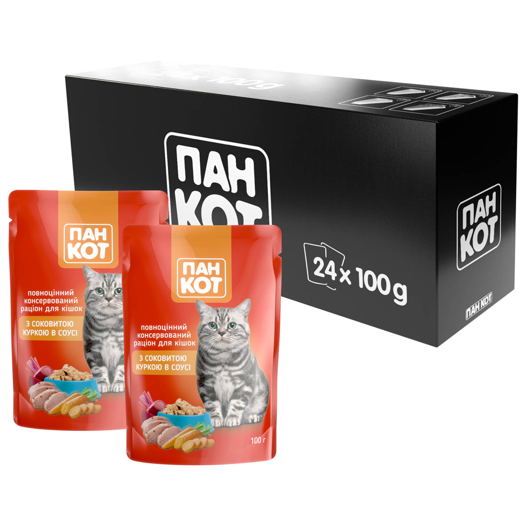 Вологий корм для кішок Пан Кот курка в соусі 100 г (4820111140985) - фото 3 Вологий корм для кішок Пан Кот курка в соусі 100 г (4820111140985) - фото 3