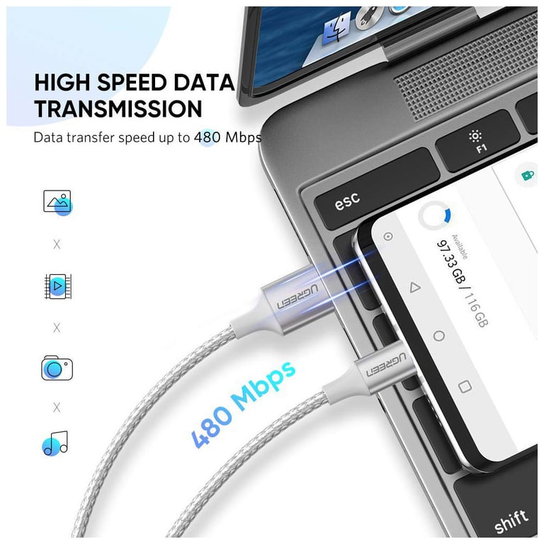 Дата кабель USB 2.0 AM to USB-C 2.0m 3.0A 18W US288 White Ugreen (60133) - фото 2