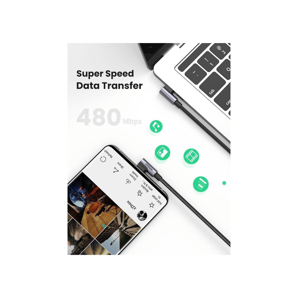 Дата кабель USB-C to USB-C 2.0m 5A 100W US335 90-degree Space Gray Ugreen (70698) - фото 3 Дата кабель USB-C to USB-C 2.0m 5A 100W US335 90-degree Space Gray Ugreen (70698) - фото 3