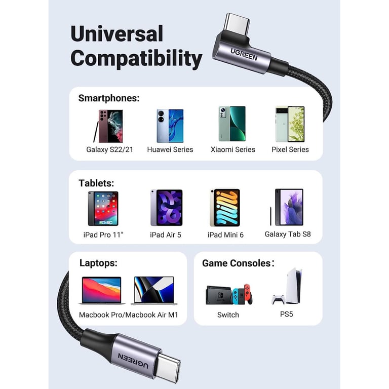 Дата кабель USB-C to USB-C 3.0m 60W US255 90-degree Angle Black Ugreen (80714) - фото 7