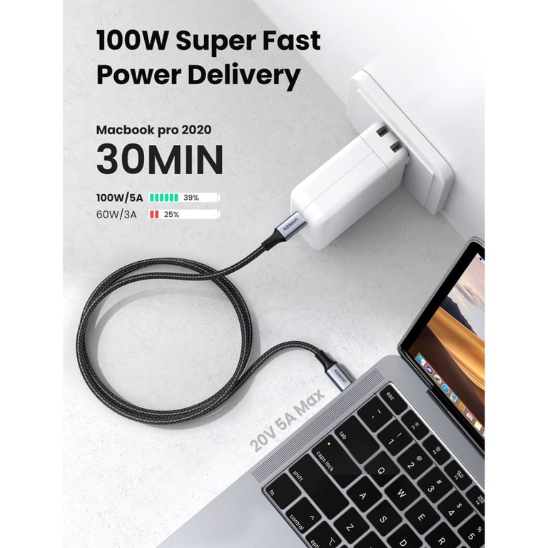 Дата кабель USB-C to USB-C 3.0m 5A 100W US316 Black UGREEN (90120) - фото 2