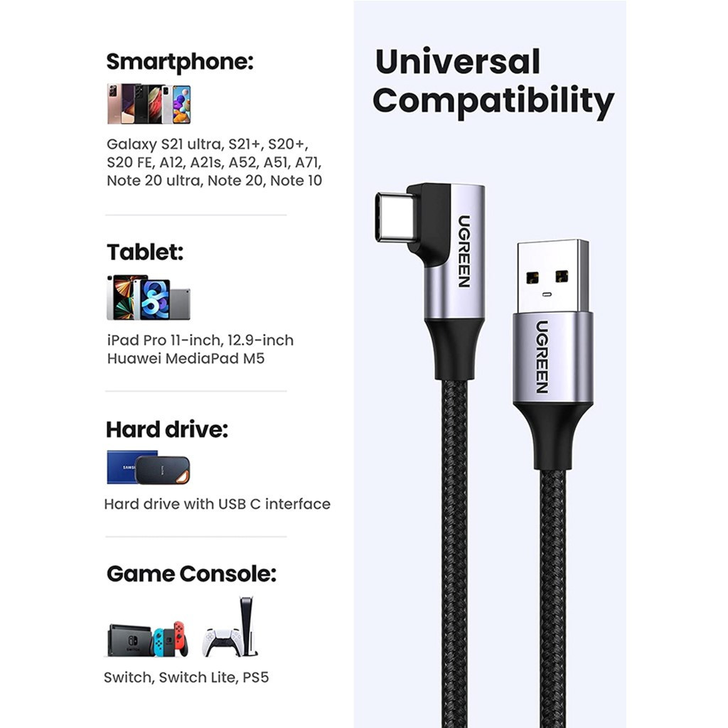 Дата кабель USB 3.0 AM to USB-C 1.0m 60W US385 90° Black Ugreen (20299) - фото 5 Дата кабель USB 3.0 AM to USB-C 1.0m 60W US385 90° Black Ugreen (20299) - фото 5