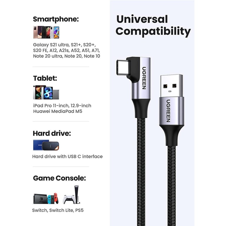Дата кабель USB 3.0 AM to USB-C 1.0m 60W US385 90° Black Ugreen (20299) - фото 5