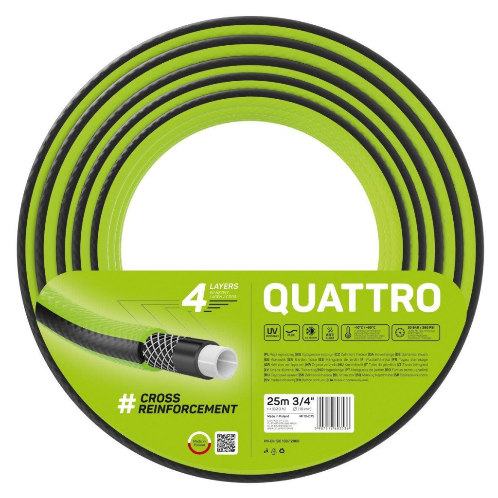 Шланг для поливу Cellfast QUATTRO, 3/4%27, 25м, 4 шари, до 20 Бар, -10…+50°C (10-075)
