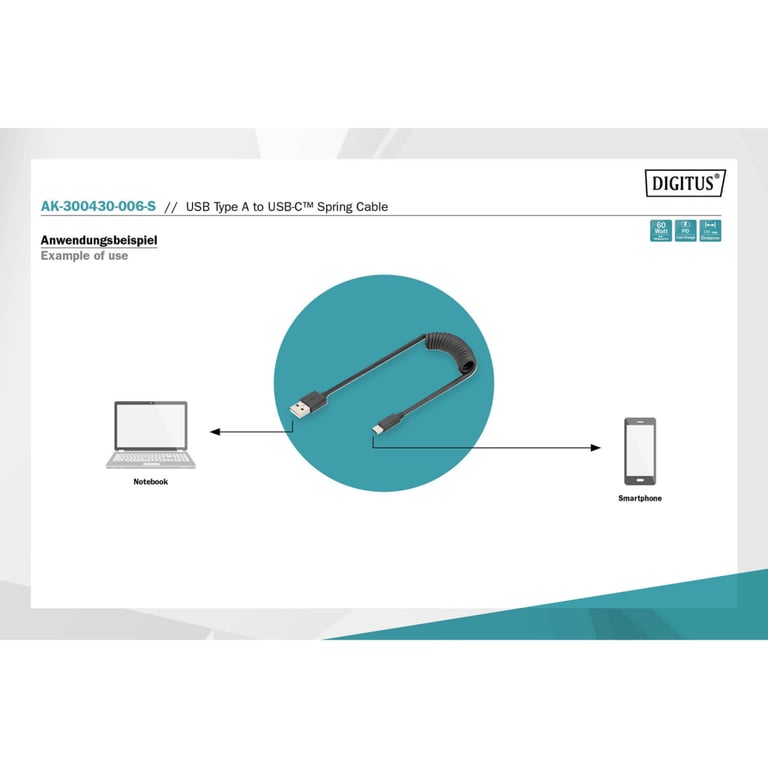 Дата кабель USB 2.0 AM to USB-C 1.0m (0.32m) spiral black Digitus (AK-300430-006-S) - фото 5