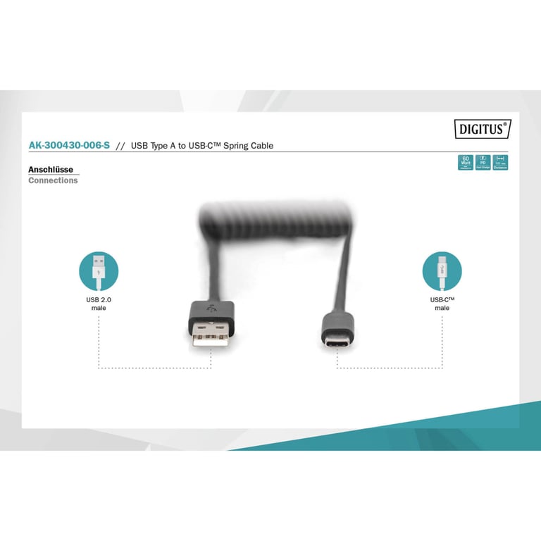 Дата кабель USB 2.0 AM to USB-C 1.0m (0.32m) spiral black Digitus (AK-300430-006-S) - фото 6