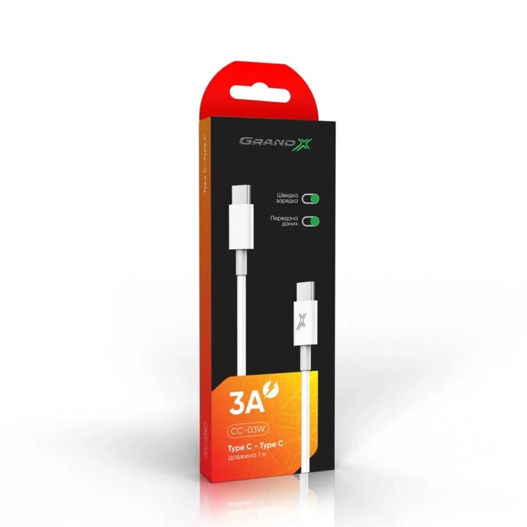 Дата кабель USB-C to USB-C 1.0m 20W CC-03W White Grand-X (CC-03W) - фото 3