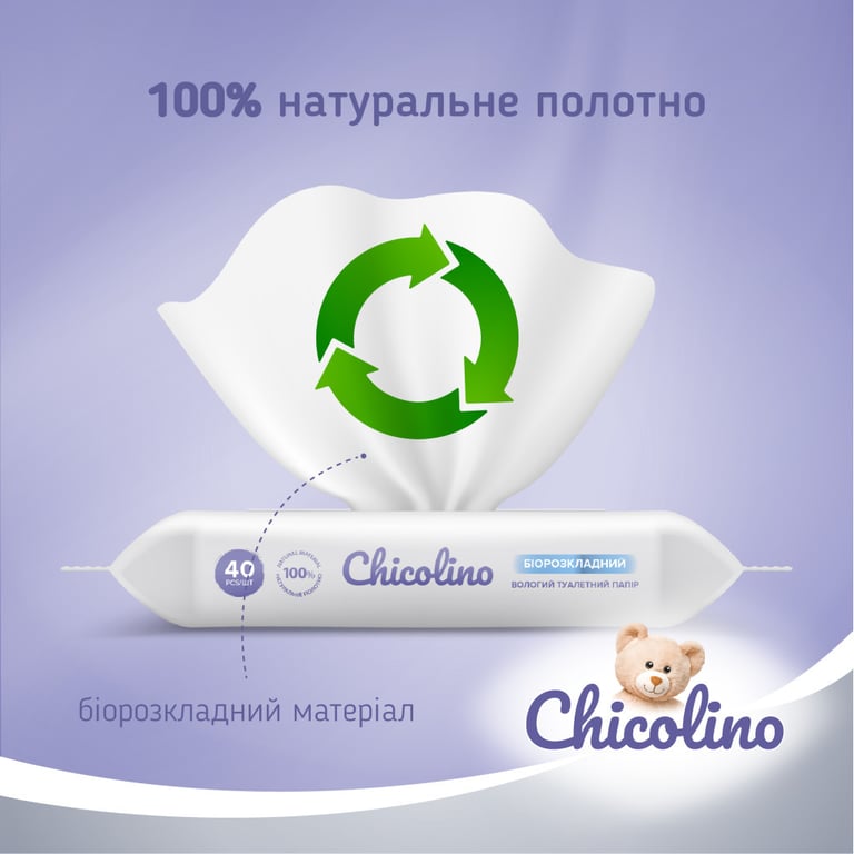 Туалетний папір Chicolino Біорозкладний вологий для дітей та дорослих 40 шт. (4823098413936) - фото 3