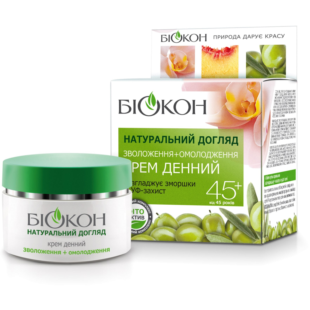 Крем для обличчя Біокон Натуральний догляд Зволоження + Омолодження 45+ Денний 50 мл (4820160032545) - фото 1 Крем для обличчя Біокон Натуральний догляд Зволоження + Омолодження 45+ Денний 50 мл (4820160032545) - фото 1
