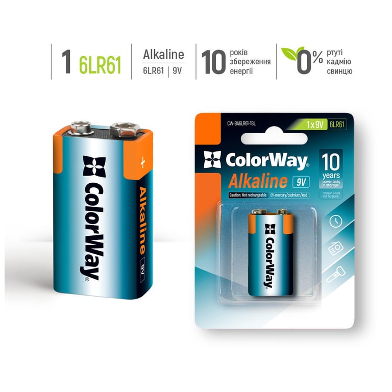 Батарейка ColorWay Крона 6LR61 9V Alkaline Power * 1 (CW-BA6LR61-1BL) - фото 3