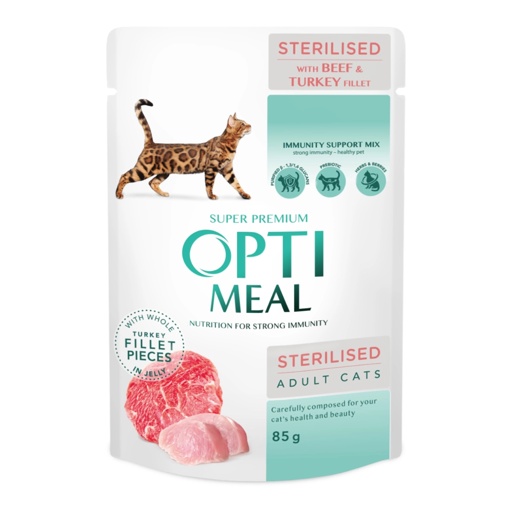 Вологий корм для кішок Optimeal для стерилізованих/кастрованих з яловичиною та індичим філе в желе 85 г (4820215365901) - фото 1