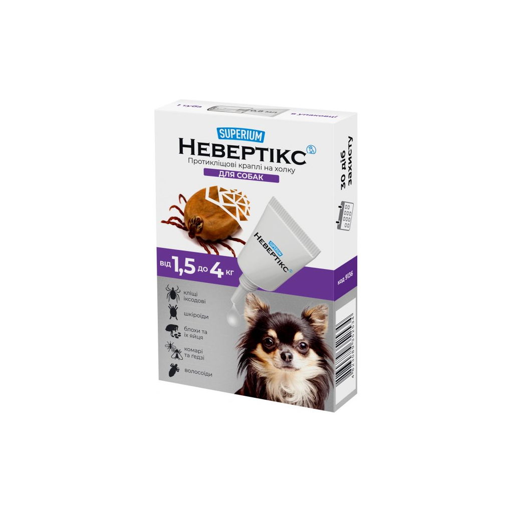 Краплі для тварин Superium Nevertix Протикліщові для собак від 1.5 до 4 кг (9136) - фото 1