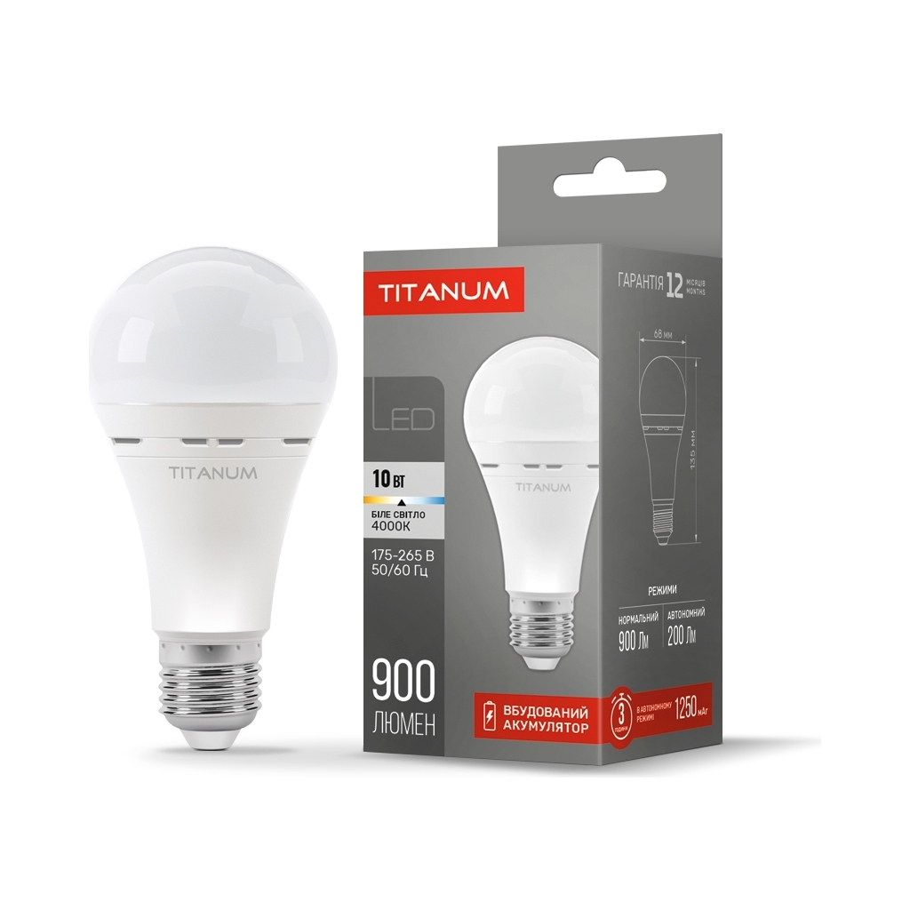 Лампочка TITANUM LED акумуляторна A68 10W E27 4000K 220V (TL-EMA68-10274) - фото 1