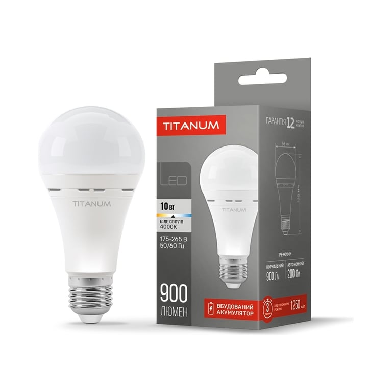 Лампочка TITANUM LED акумуляторна A68 10W E27 4000K 220V (TL-EMA68-10274) - фото 1
