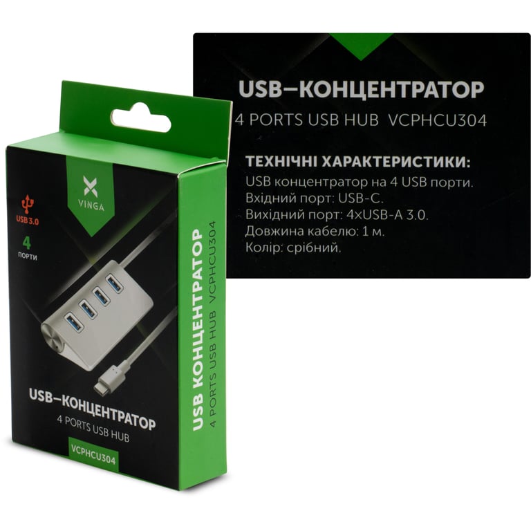 Концентратор Vinga Type-C to 4*USB3.0 1.0m cable aluminium (VCPHCU304) - фото 4
