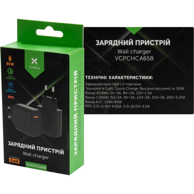 Зарядний пристрій Vinga GaN 65W PD+QC 1C1A ports Wall Charger (VCPCHCA65B) - фото 5