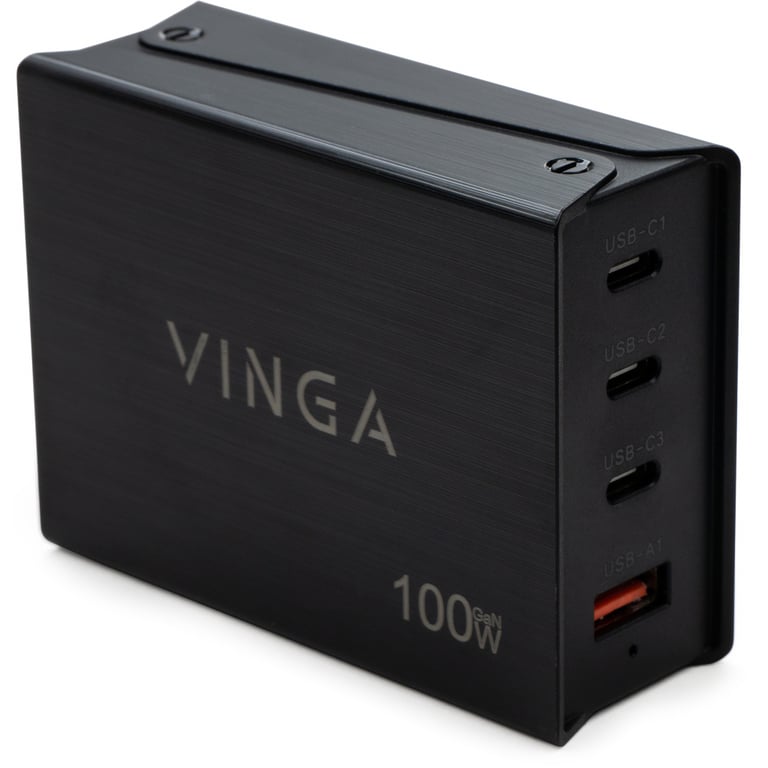 Зарядний пристрій Vinga GaN 100W PD+QC 3C1A ports 1.2m Wired Charger (VCPCH100CB) - фото 1