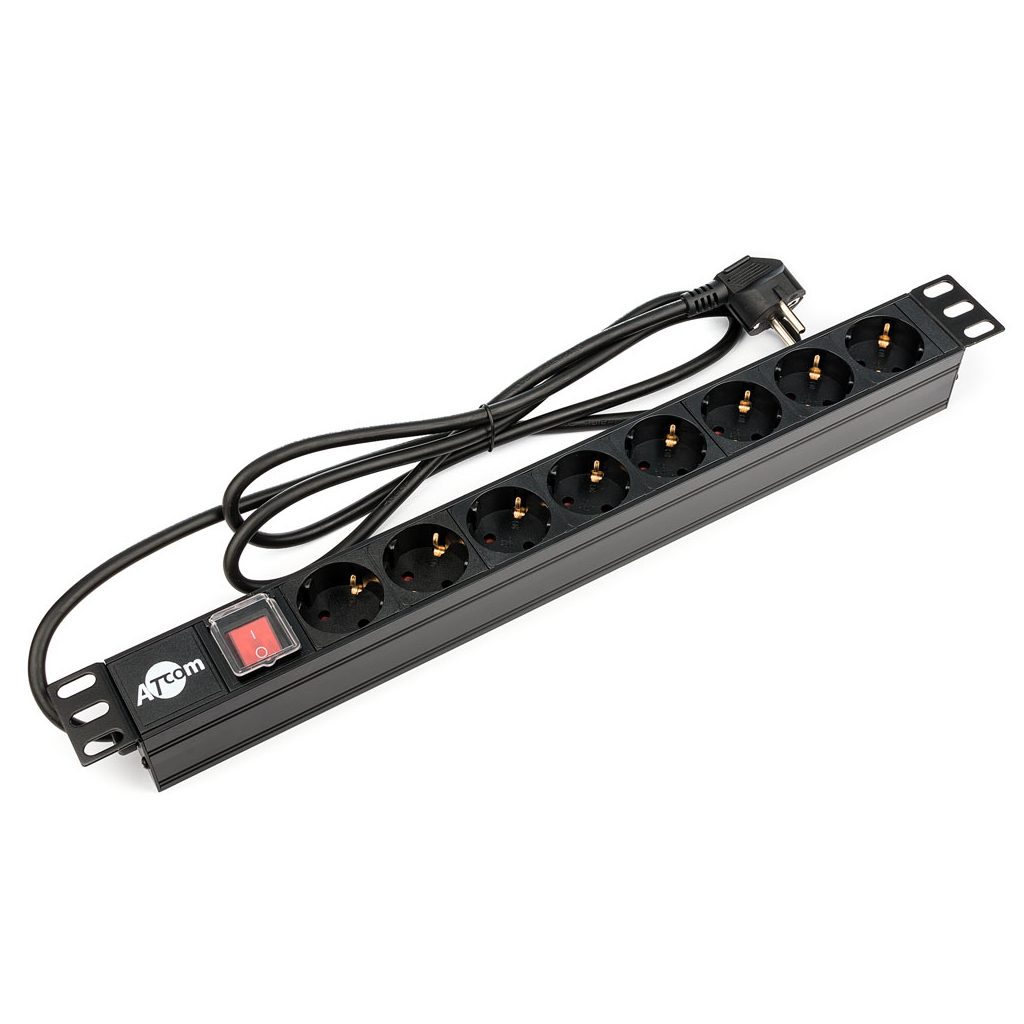 Силовий блок 19" 8 розеток, кабель 2.0m мідь 1.5мм, з вимикачем Atcom (AT1821) - фото 1