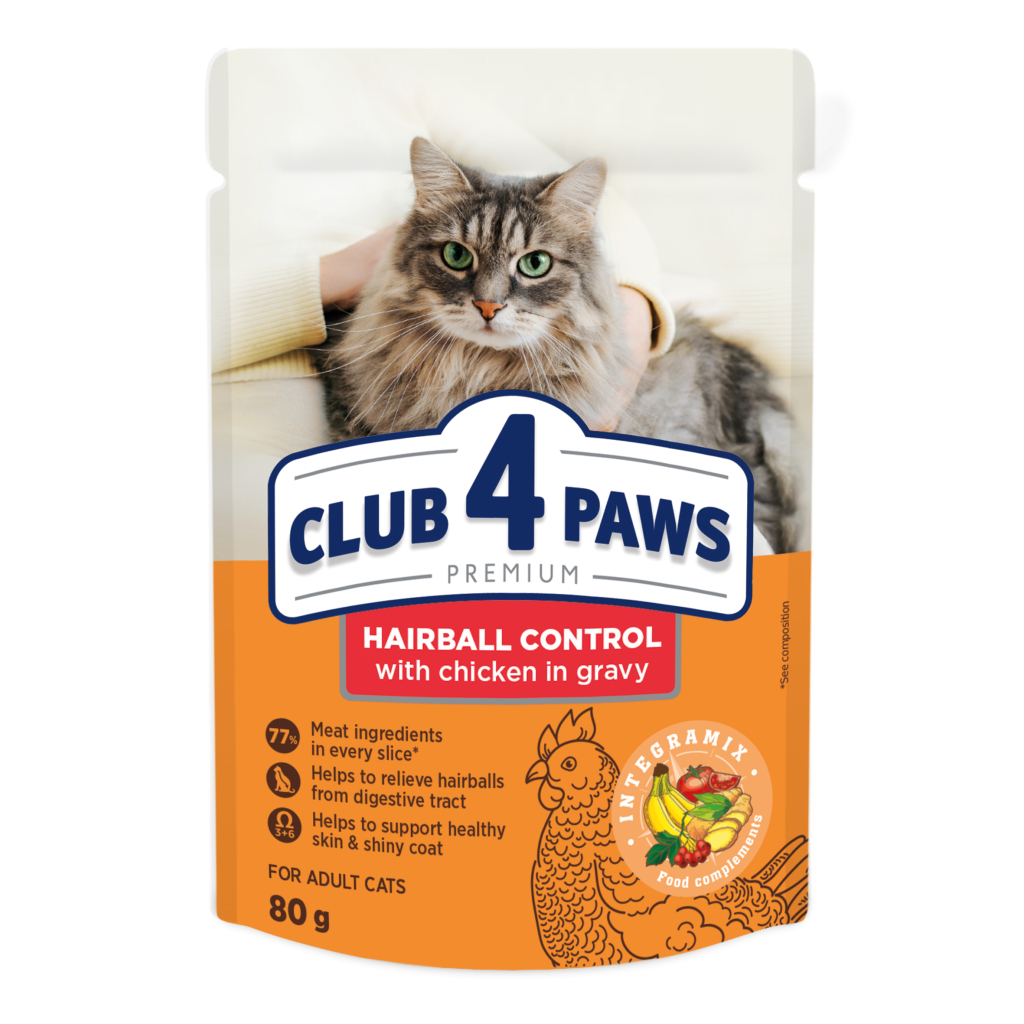 Вологий корм для кішок Club 4 Paws з ефектом виведення шерсті 80 г (4820215369299) - фото 1 Вологий корм для кішок Club 4 Paws з ефектом виведення шерсті 80 г (4820215369299) - фото 1